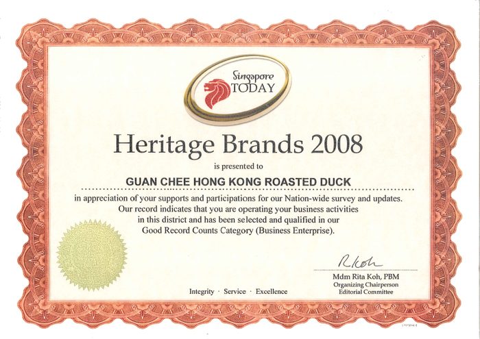 Heritage Brands 2008 certificate presented to Guan Chee Hong Kong Roasted Duck