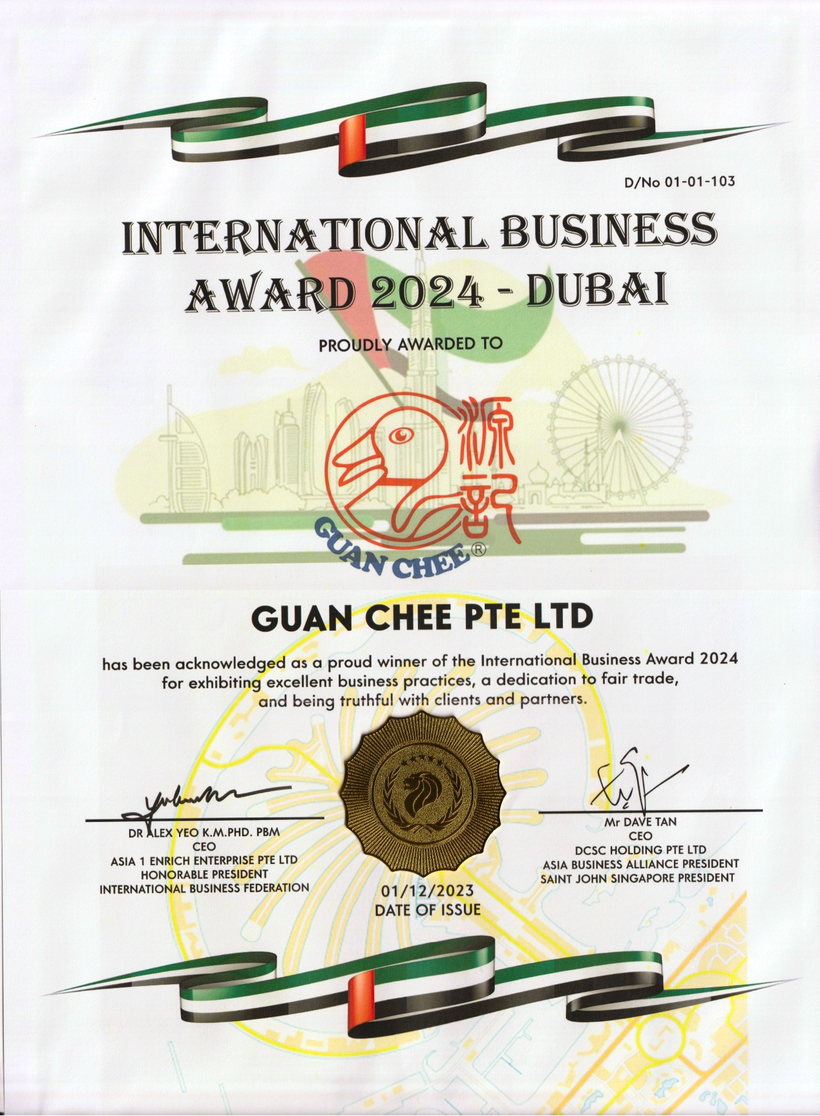 International Business Award 2024 Dubai certificate, awarded to Guan Chee Pte Ltd