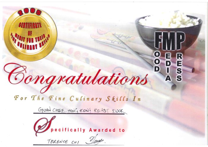 Food Media Press certificate for fine culinary skills, awarded to Terence Chi